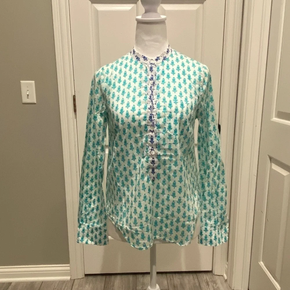 J. Crew White & Turquoise Thistle Print Popover Blouse 16279